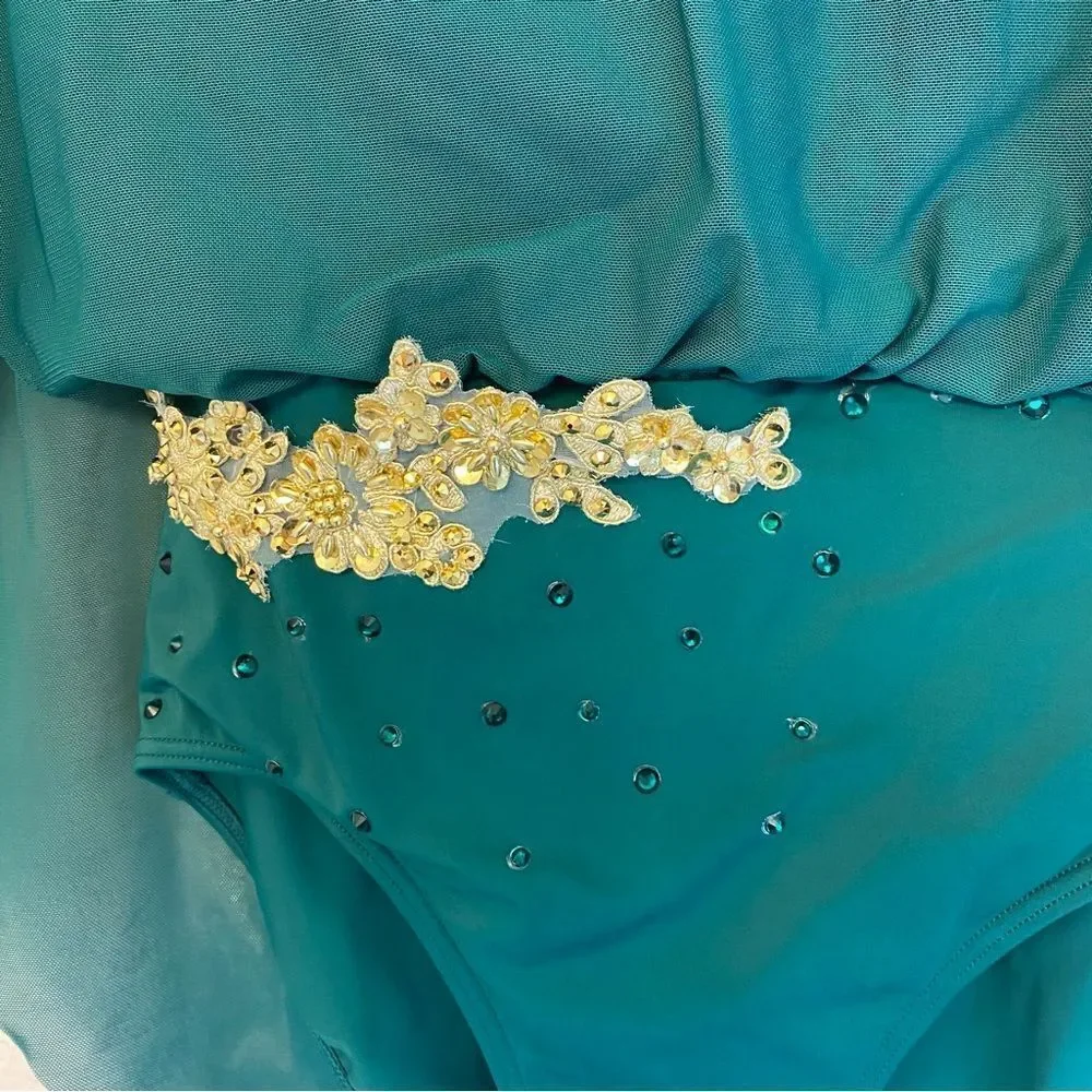 WEISSMAN Elite solo Dance Costume green Mesh Draped Cape Leotard SM12293 LC